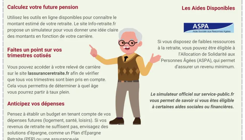 Un homme âgé avec des lunettes pointe vers des informations sur la retraite et les aides disponibles, comme l'ASPA, pour une aide retraite.