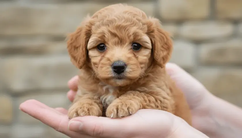 Adorable cachorro de pelaje rizado color caramelo, uno de los más tiernos toy razas de perros, descansa en unas manos.