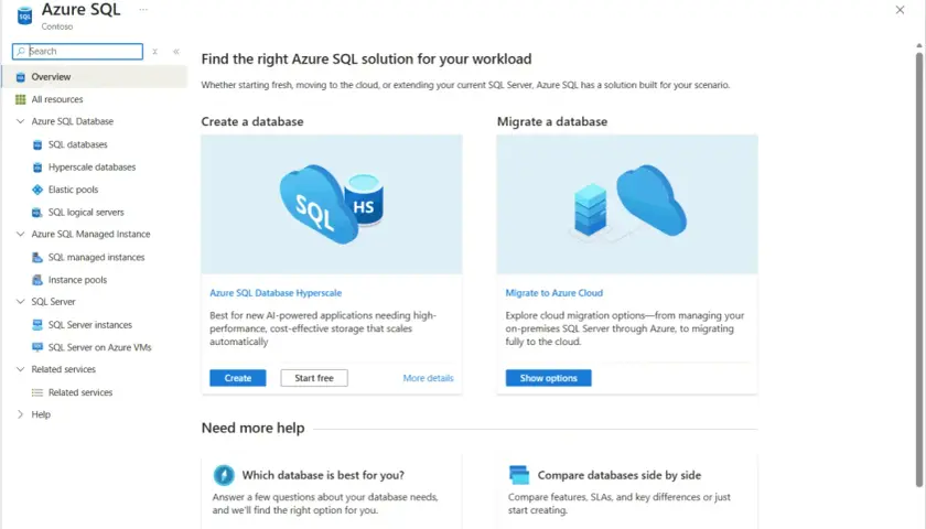 Tableau de bord Azure SQL. Créez ou migrez des bases de données SQL vers le cloud.