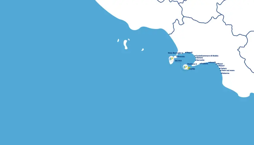 Mappa delle rotte marittime: un aliscafo collega Ischia e Capri, con fermate a Napoli, Procida, Sorrento e lungo la Costiera Amalfitana.