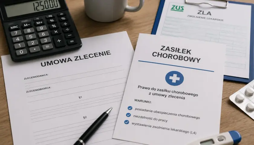 Umowa zlecenie a L4: dokumenty, kalkulator i termometr wskazują na formalności związane z chorobowym.