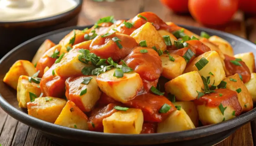 En skål med gyllene, friterade potatisbitar täckta av en kryddig tomatsås och toppade med färska örter. En klassisk tapasrätt, patatas bravas, redo att avnjutas.