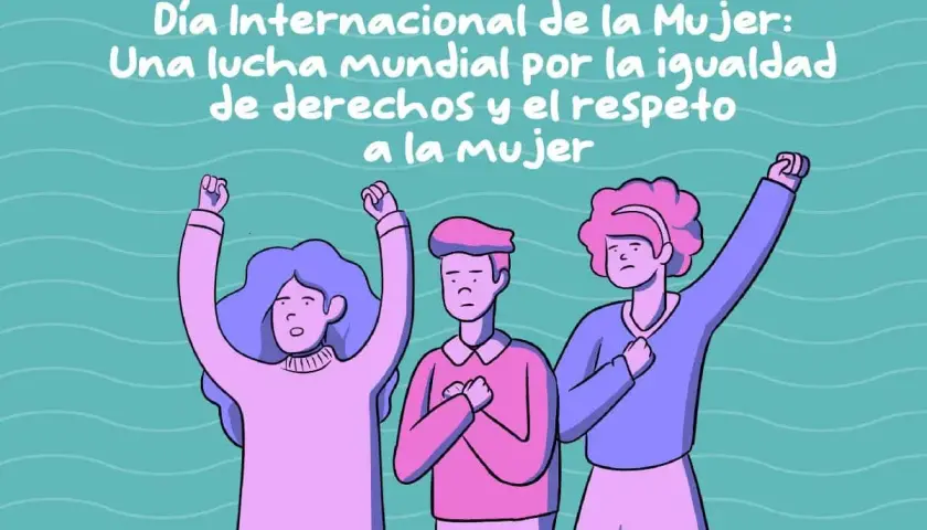 Ilustración para el día de la mujer para niños: tres personas con puños en alto celebran la igualdad y el respeto.