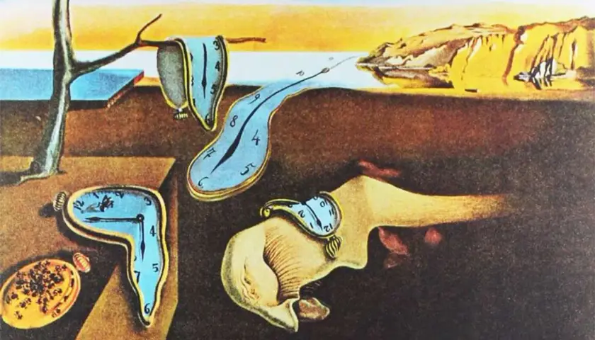 Paysage surréaliste de Salvador Dalí, avec des montres molles symbolisant la fluidité du temps.