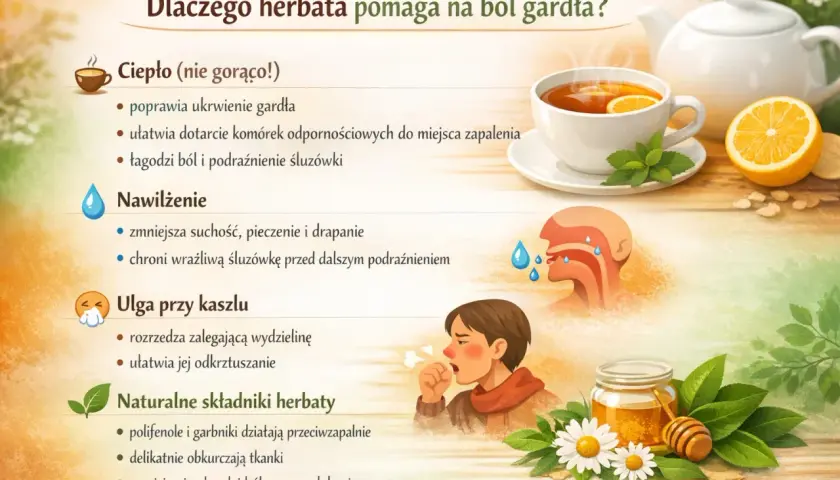 Kubek herbaty z cytryną, dzbanek, miód, rumianek i dziecko kaszlące.