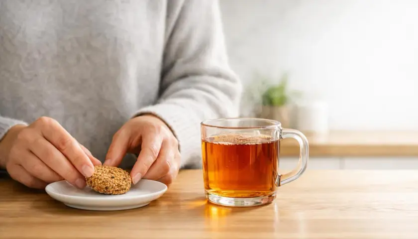 Mani che prendono un biscotto da un piattino accanto a una tazza di tè fumante. Ricorda che bere troppo tè fa male allo stomaco.