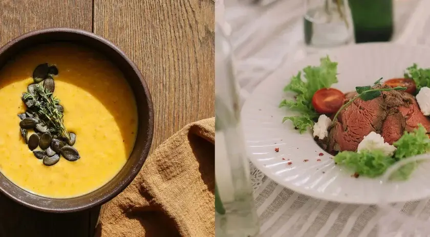 Velouté de potimarron et sa garniture de graines, et une assiette de rôti froid avec salade et tomates, parfaits pour une entrée chaude mariage.