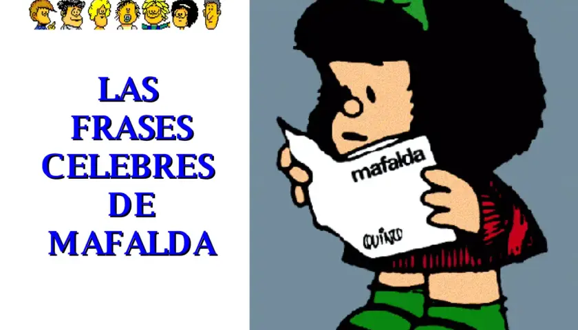 Mafalda, con su característico lazo verde, lee un papel con frases célebres de Mafalda.