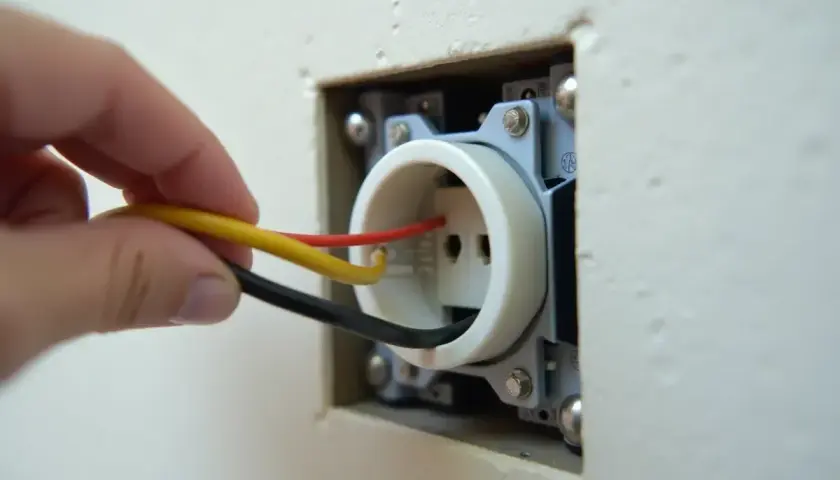 Dłoń z przewodami (żółty, czerwony, czarny) zbliża się do gniazdka elektrycznego.