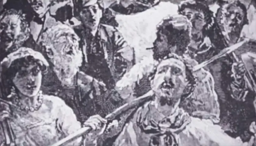 Black and white illustration of a crowd of people, some holding weapons, in a historical scene.