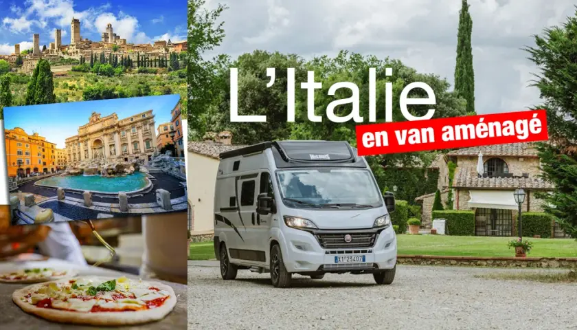 L'Italie en van aménagé : vues de San Gimignano, Fontaine de Trevi, pizzas et un van blanc.