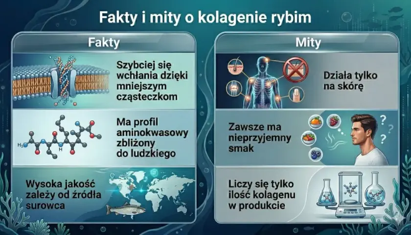 Peptydy kolagenowe: szybkie wchłanianie, profil aminokwasowy zbliżony do ludzkiego, jakość zależy od surowca. Mity: działa tylko na skórę, nieprzyjemny smak, liczy się tylko ilość.