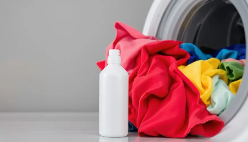Bouteille de vinaigre blanc à côté d'une machine à laver remplie de linge coloré. Idéal pour enlever la colle tenace des textiles.