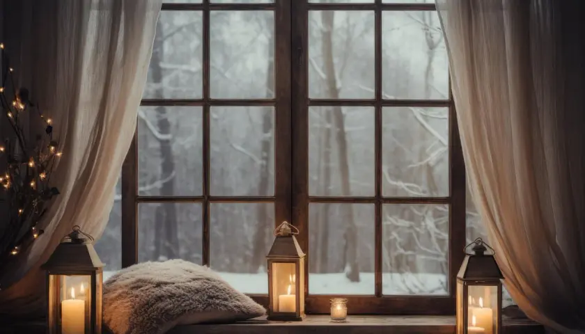 Finestra con lanterne accese e cuscino morbido, vista su un bosco innevato. Perfetto per sapere a che ora aprire le finestre e godersi la magia invernale.