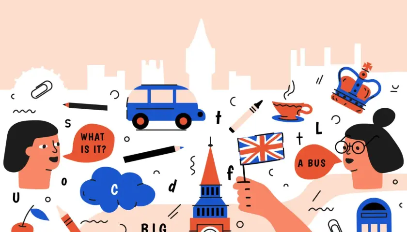 Ilustracja z elementami Londynu i symbolami nauki angielskiego. Idealne materiały do słuchania po angielsku dla początkujących.