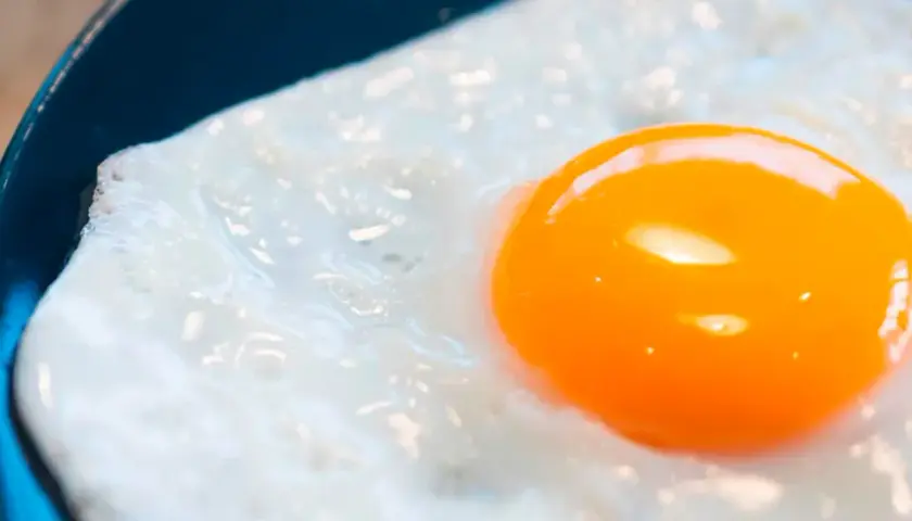 Un œuf au plat, avec son jaune d'or brillant, est servi dans une assiette bleue. Les **œufs frits** sont un délice simple.