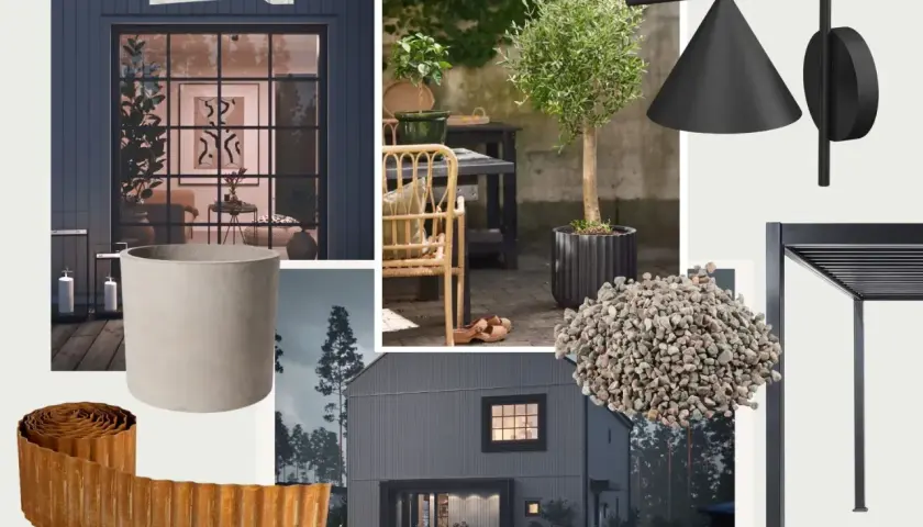 Inspirationsbild för utomhusmiljö med fokus på svenska designklassiker: krukor, belysning, pergolamaterial och en modern villa.