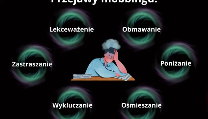 Przejawy mobbingu: zastraszanie, lekceważenie, obmawianie, poniżanie, wykluczanie, ośmieszanie. Zmęczony pracownik.