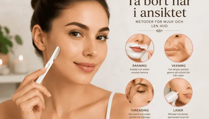Kvinna rakar ansiktet med en liten hyvel. Bilden visar metoder för hårborttagning, inklusive vaxning, threading och laser, för mjuk och len hud.
