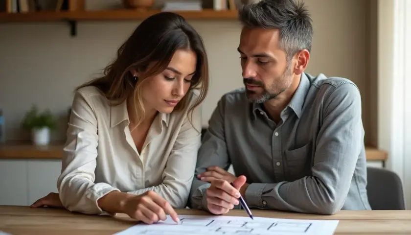 Couple examine plans, discussing their future home and the potential transfert ptz.