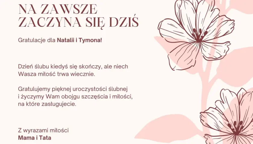 Życzenia na ślub cywilny dla Natalii i Tymona. Niech Wasza miłość trwa wiecznie. Gratulujemy!