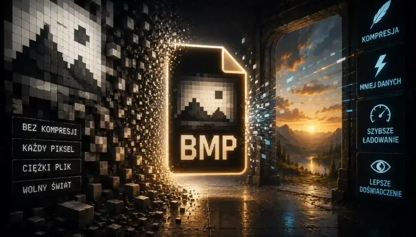 Plik BMP, symbolizujący każdy piksel bez kompresji, otwiera portal do świata z pięknym zachodem słońca, oferując szybsze ładowanie i lepsze doświadczenia.