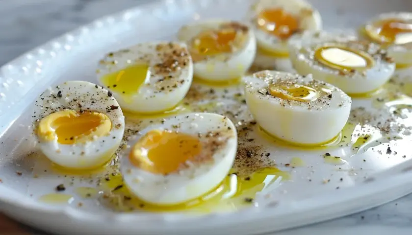 Œufs durs coupés en deux, arrosés d'huile d'olive et saupoudrés de poivre. Un délice, même si l'un d'eux semble un peu trop cuit.