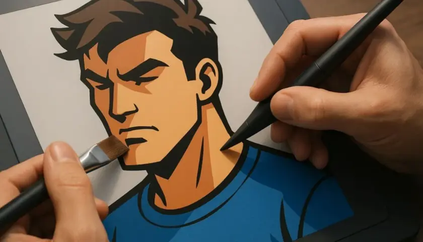 Rysunek postaci z mocnym konturem i charakterystycznym **cell shading**. Dwie ręce tworzą cyfrowy portret, jedna trzyma piórko, druga pędzel.