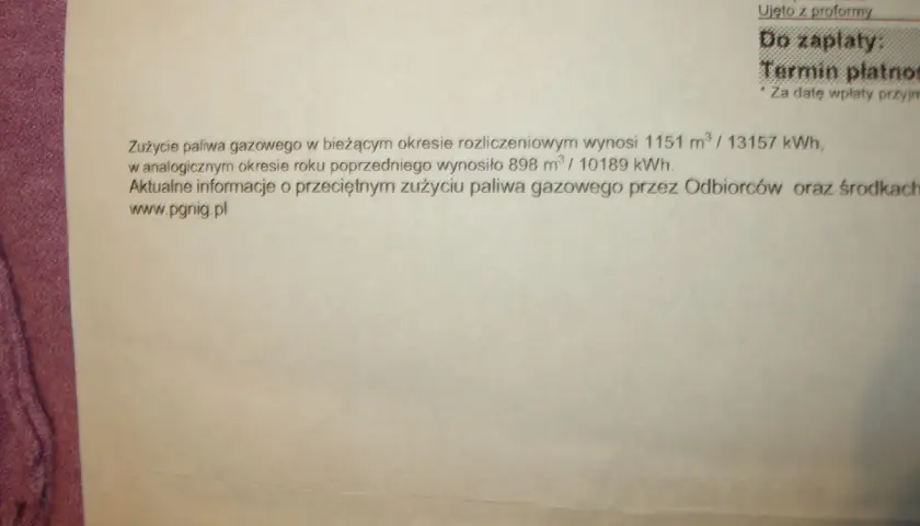 Rozliczenie miesięczne zużycie gazu w bloku: 1151 m³ / 13157 kWh. Porównanie z poprzednim rokiem.