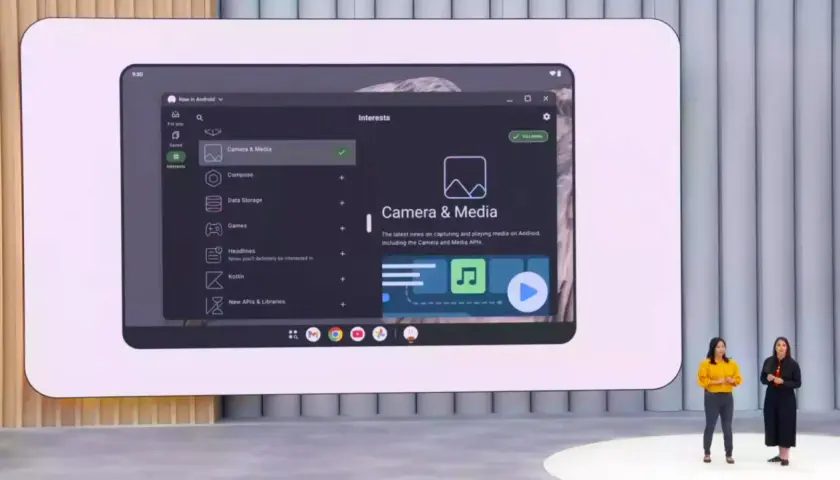 Interfejs Samsung DeX z listą zainteresowań, w tym "Camera & Media" z informacjami o nowościach w Androidzie.