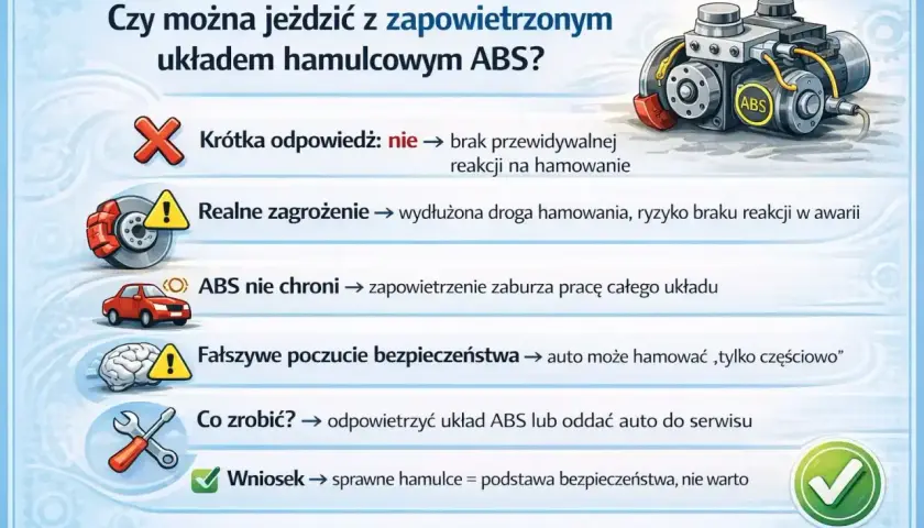 Zapowietrzone hamulce objawy: brak reakcji, wydłużona droga hamowania, ryzyko awarii. ABS nie chroni. Sprawne hamulce to podstawa bezpieczeństwa.