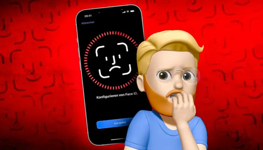 Ein Mann mit Brille und Bart bei der Konfiguration von Face ID. Die rote Hintergrundgrafik zeigt viele kleine Gesichter.