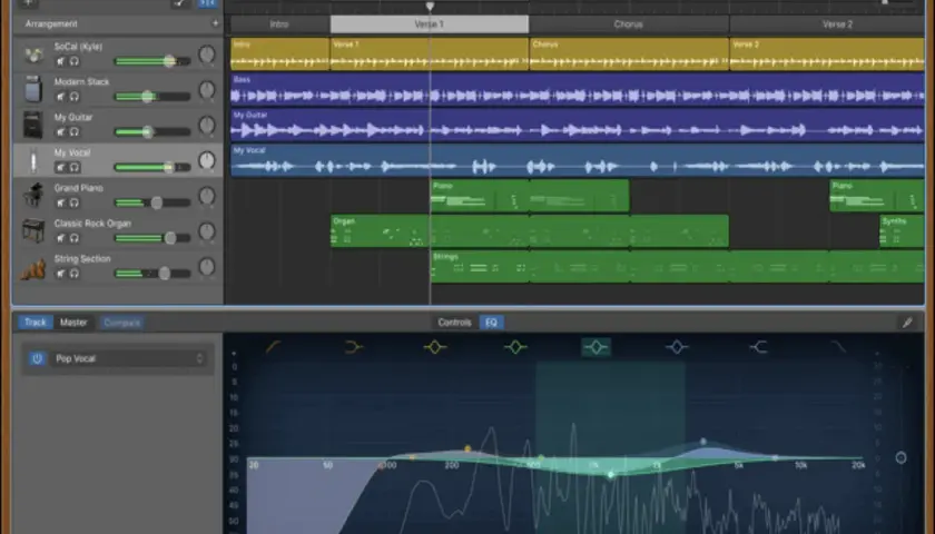 Digital audio workstation showing tracks for vocals, guitar, piano, and synths. The voice recorder software displays an EQ graph for "Pop Vocal".