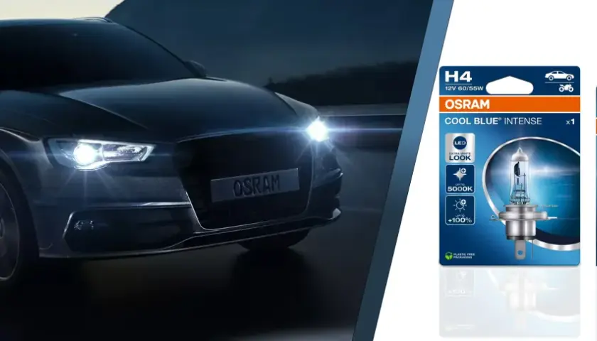 Ciemny samochód z włączonymi światłami mijania, obok opakowania żarówek samochodowych OSRAM COOL BLUE INTENSE. Jakie żarówki dają taki efekt?