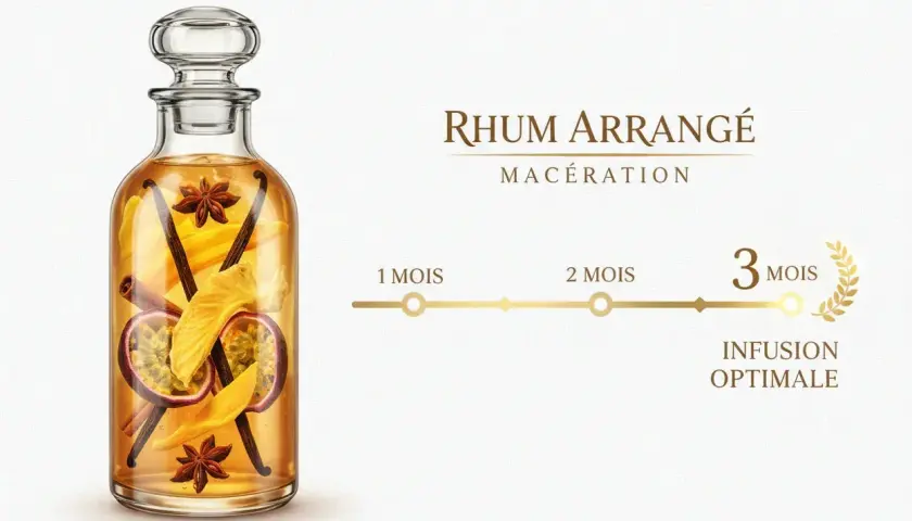 Bouteille de rhum arrangé vanille, fruits de la passion, ananas, cannelle et anis étoilé. Macération de 3 mois pour une infusion optimale.