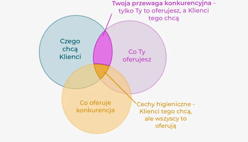 Diagram przedstawia, jak znaleźć przewagę konkurencyjną: to, co oferujesz Ty, a czego chcą klienci.