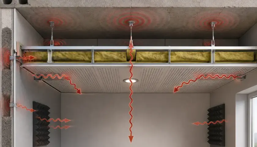 Illustrazione di un sistema di abbattimento acustico con pannelli isolanti e materiali fonoassorbenti che riducono la propagazione del suono.