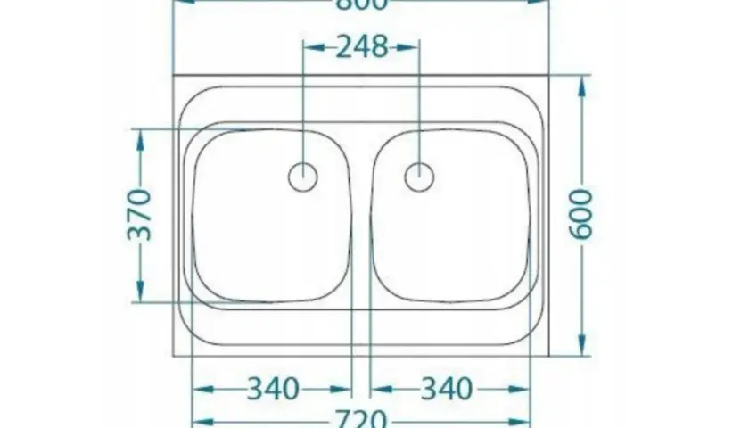 Schemat zlew dwukomorowy wymiary: 800x600 mm, komory 340x370 mm.