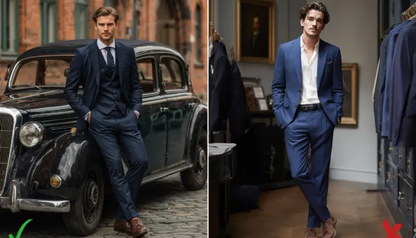 Un homme élégant pose près d'une voiture ancienne, portant un costume bleu marine impeccable. Une autre image montre un homme en costume bleu marine, chemise blanche ouverte, dans une boutique.