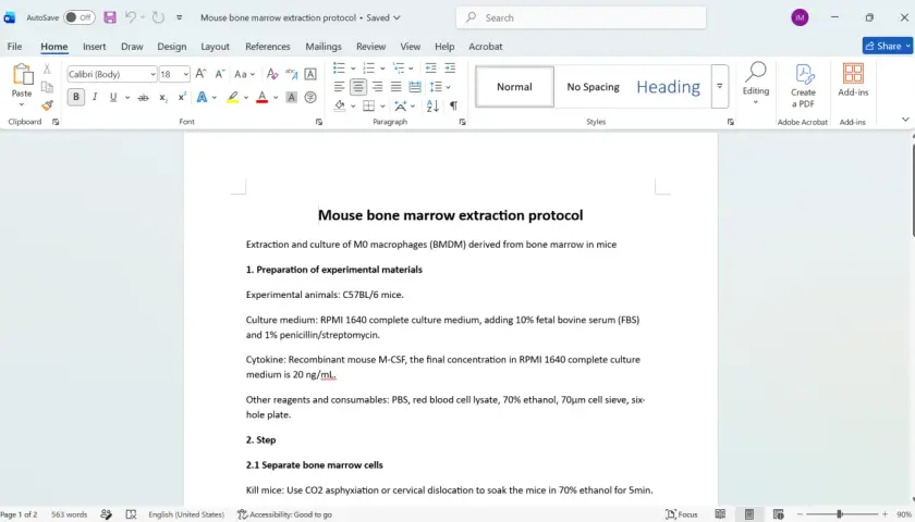 Documento de Word con protocolo de extracción de médula ósea de ratón. Aprende como hacer un documento en Word con este ejemplo.