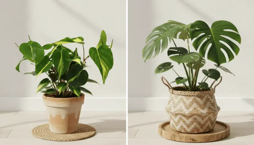 Dwie rośliny doniczkowe: po lewej filodendron z variegacją, po prawej monstera deliciosa, znana też jako monstera dziurawa.