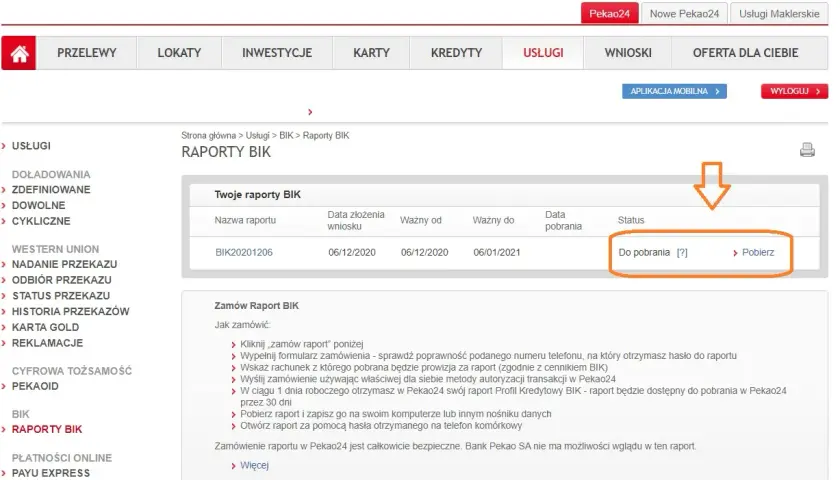 Zrzut ekranu z bankowości internetowej Pekao24, pokazujący raport BIK gotowy do pobrania.