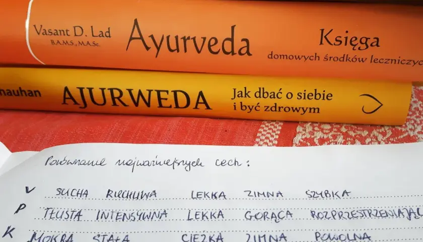 Książki o ajurwedzie, w tym "Ayurveda" i "Ajurweda", oraz notatki dotyczące cech dosz.