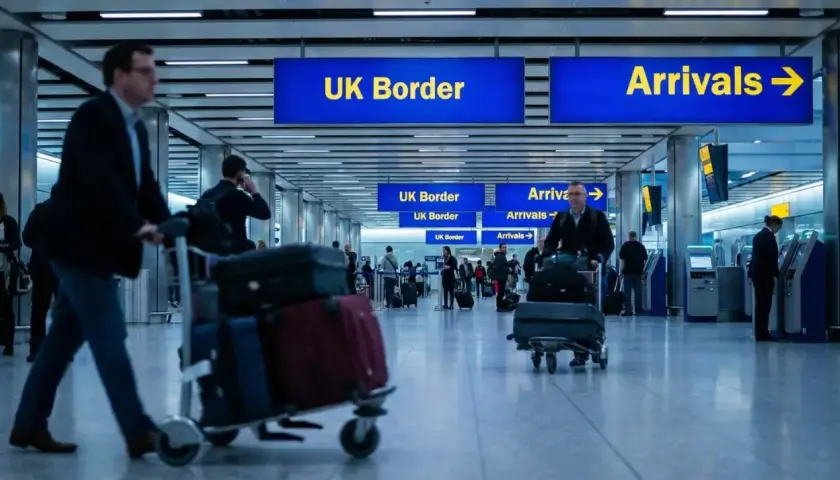 Ludzie z bagażami przechodzą przez lotnisko w Wielkiej Brytanii, kierując się do UK Border i Przylotów.