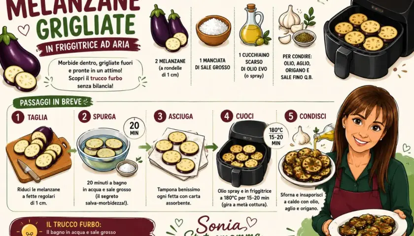 Melanzane grigliate in friggitrice ad aria: morbide dentro, croccanti fuori. Ricetta facile e veloce per un contorno saporito.