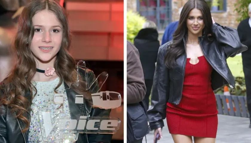 Roxy Węgiel jako młoda dziewczyna z nagrodą The Voice Kids i jako dorosła kobieta w czerwonej sukience i skórzanej kurtce.