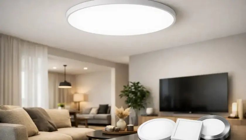 Un moderno salón con un plafón regulable iluminando el techo. En primer plano, tres luminarias de diseño moderno, una redonda y dos cuadradas.