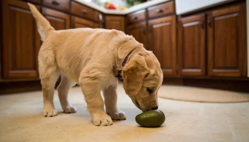 Un cachorro curioso explora un aguacate en la cocina, descubriendo que los perros pueden comer aguacate.