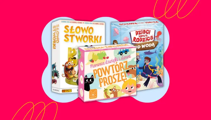 Kolorowe pudełka gier planszowych dla dzieci: "Słowostworki", "Powtórz proszę!" i "Dzieci kontra Rodzice: Pod wodą". Idealne gry 5+ na rodzinne wieczory.
