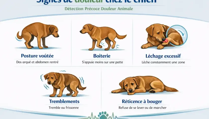 Chien montrant des signes de douleur : posture voûtée, boiterie, léchage excessif, tremblements, réticence à bouger. Ces symptômes peuvent indiquer un mal de la truie.